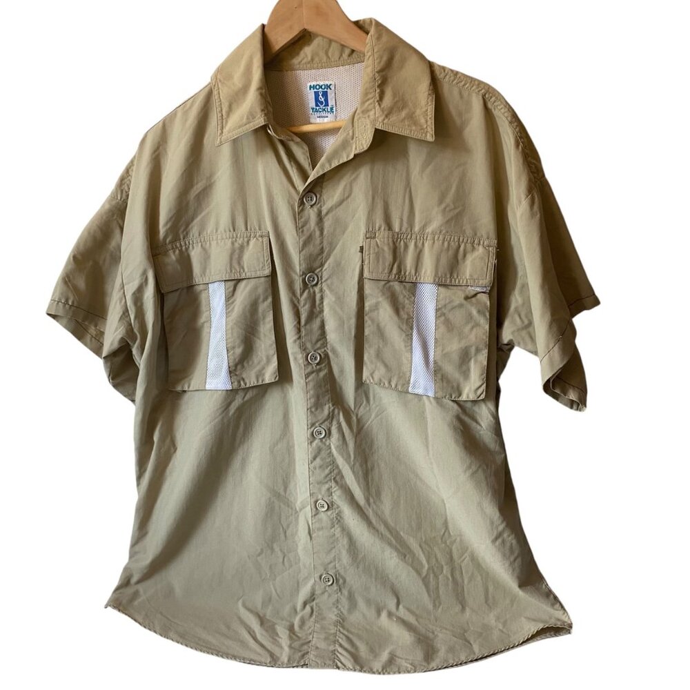 Hook & Tackle Men Beige Fishing Shirt Mesh Lining Hook‎ & Loop Pockets Outdoor M